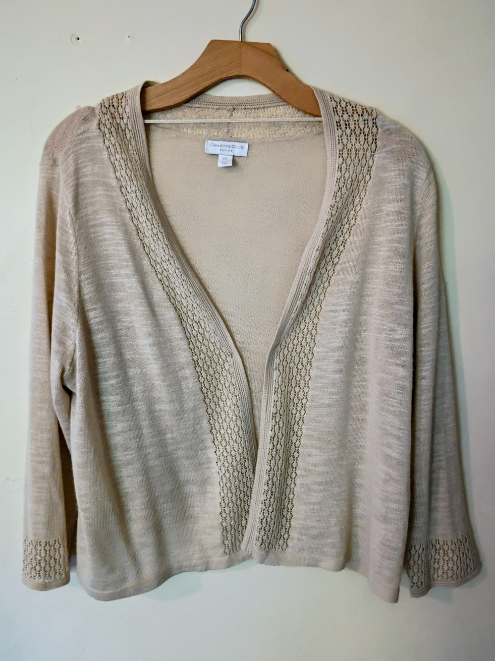 Charter Club Light Beige Open-Front Lace-Trim Cardigan